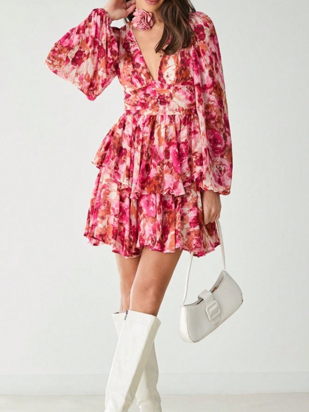 Hot Pink Boho Women's V-Neck Long Sleeve Floral Allover Print Short Casual Dress